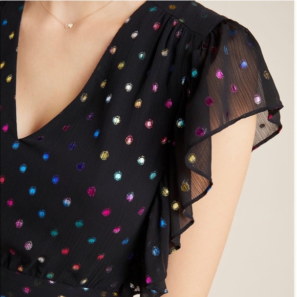 ANTHROPOLOGIE / ALI & JAY Black Ruffle Mini Metallic Polka Dot Dress - Sz S - Picture 3 of 14